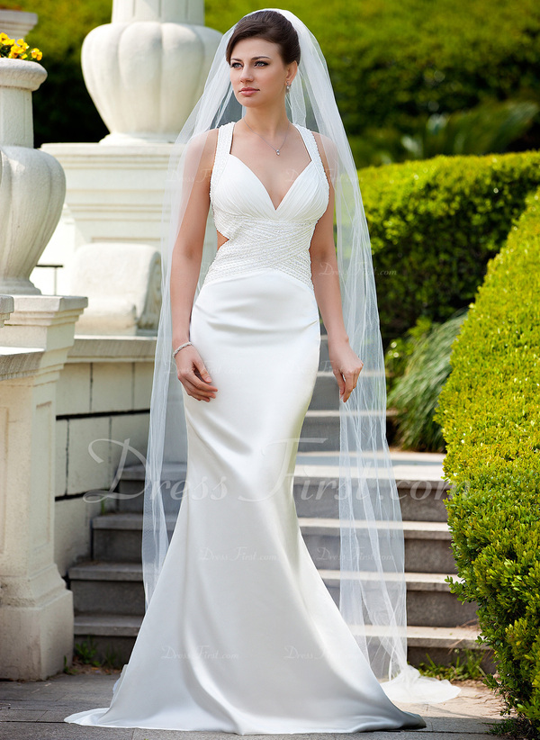 Trumpet/Mermaid Vneck Sweep Train Charmeuse Wedding Dress With Ruffle