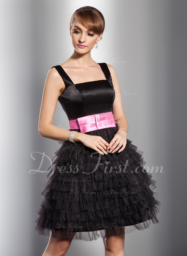 ALine/Princess Square Neckline KneeLength Satin Tulle Cocktail Dress