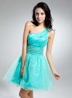 A-Line/Princess One-Shoulder Short/Mini Organza Cocktail Dress With Ruffle Beading