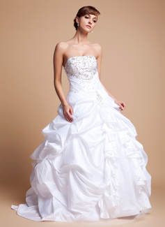 Ball-Gown Strapless Floor-Length Taffeta Tulle Wedding Dress With Embroidery Ruffle Beadwork Sequins (002012718)