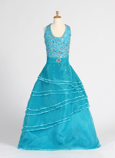 A-Line/Princess Halter Floor-Length Organza Satin Flower Girl Dress With Beading