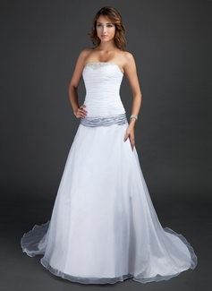 A-Line/Princess Strapless Court Train Organza Satin Wedding Dress With Ruffle Sashes Beadwork (002015380)