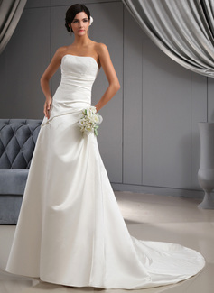 A-Line/Princess Sweetheart Court Train Satin Wedding Dress With Ruffle Beadwork (002022673)