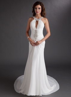 Sheath Scoop Neck Court Train Chiffon Prom Dress With Ruffle Beading (018016766)