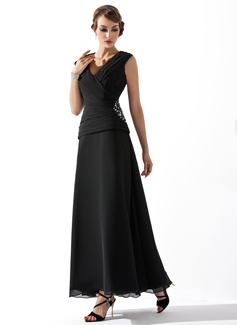 A-formet/Prinsesse V-hals Ankel lengde Chiffon Kjole til brudens mor med Frynse Beading (008005756)
