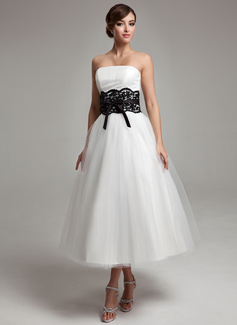 A-Line/Princess Strapless Ankle-Length Satin Tulle Wedding Dress With Lace Sashes (002011609)