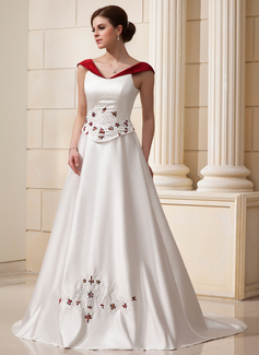 A-Line/Princess Off-the-Shoulder Court Train Satin Wedding Dress With Embroidery Sashes Beadwork Flower(s) (002011760)